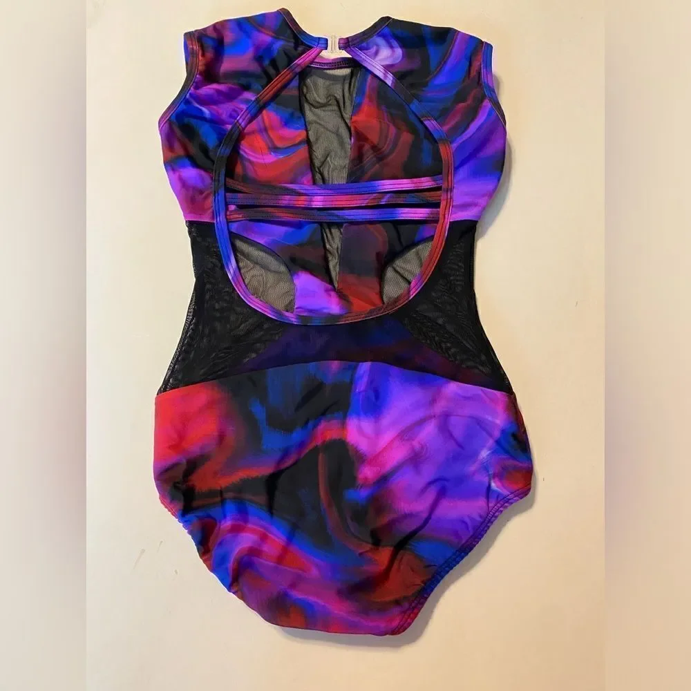 LA Dance Olivia Contemporary Solo Costume Purple Blue Mesh Cutout Leotard LC